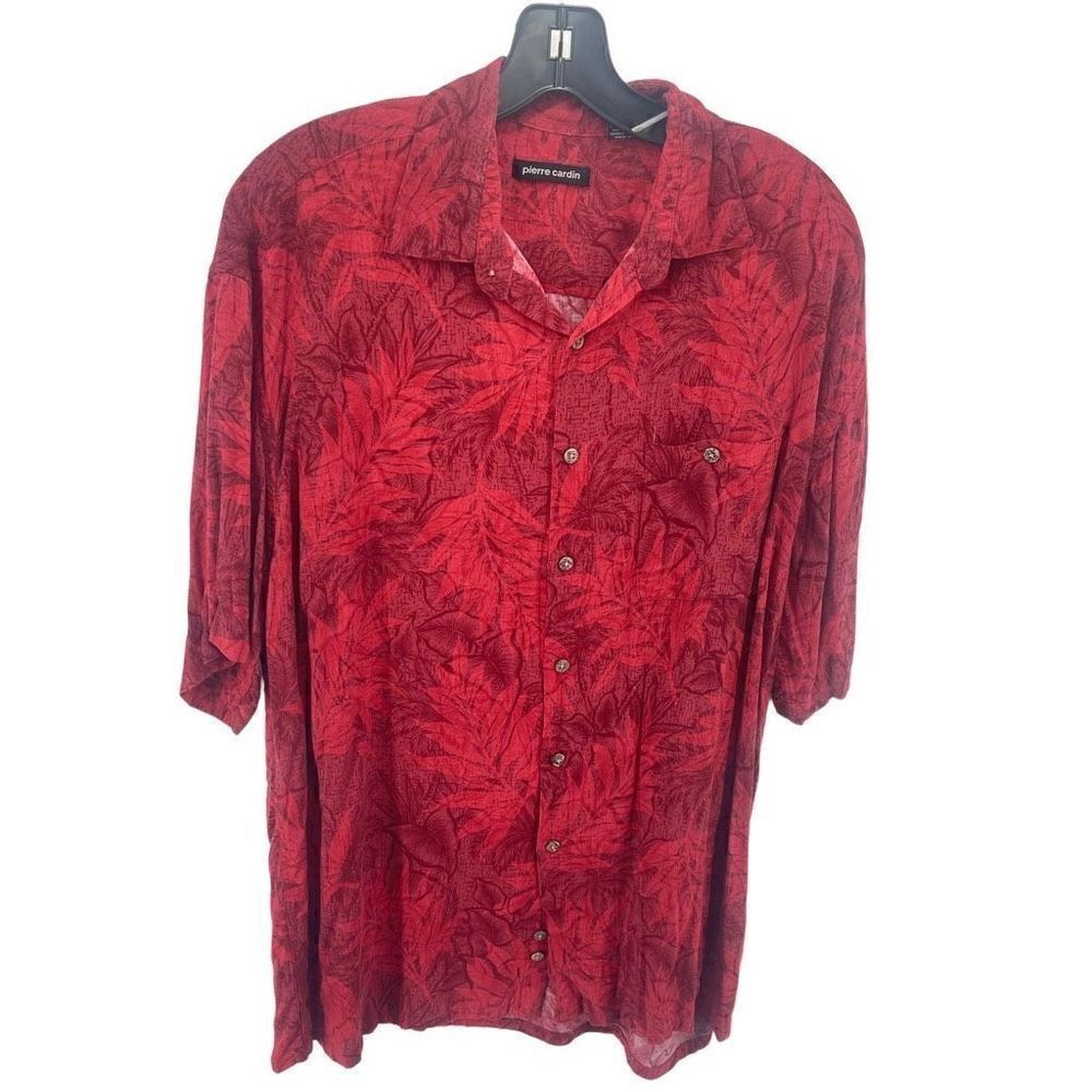 Pierre Cardin Mens Button Down Shirt Floral Tropical Short Sleeve Red Size Large